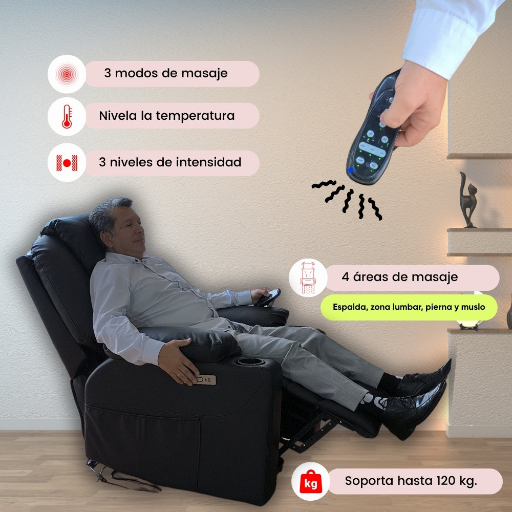 Sillón elevador Ultra - Masajeador térmico, reclinable, carga tipo C, porta vasos- standup couch