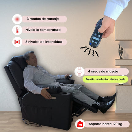 Sillón elevador Ultra - Masajeador térmico, reclinable, carga tipo C, porta vasos- standup couch