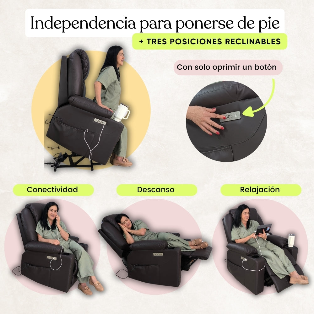 Sillón elevador Ultra - Masajeador térmico, reclinable, carga tipo C, porta vasos- standup couch