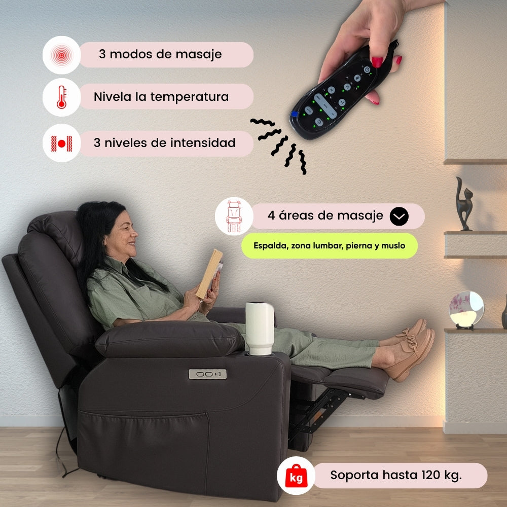 Sillón elevador Ultra - Masajeador térmico, reclinable, carga tipo C, porta vasos- standup couch