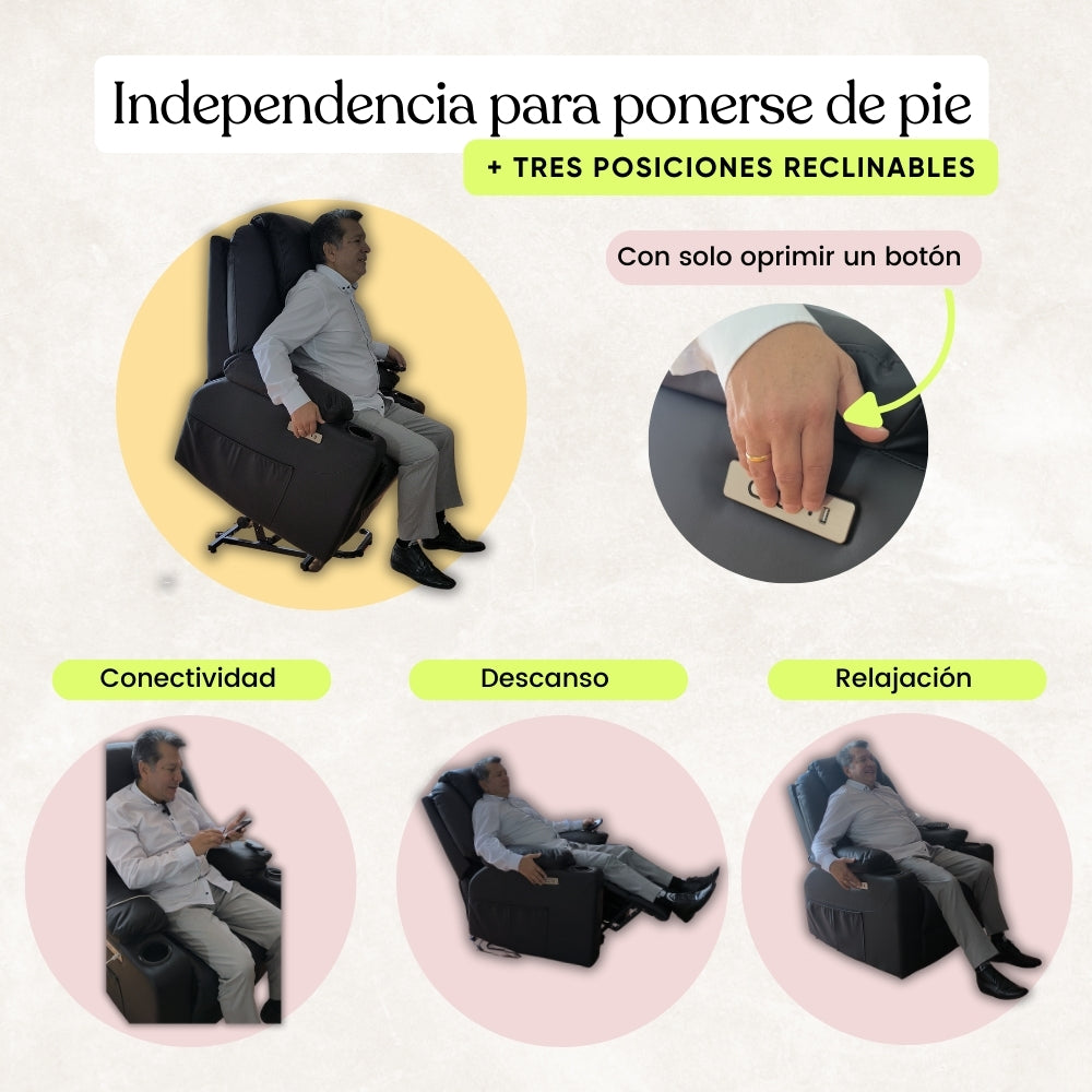 Sillón elevador Ultra - Masajeador térmico, reclinable, carga tipo C, porta vasos- standup couch